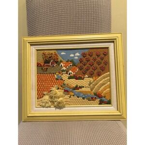 70s Sunset Designs Needlepoint Finished Framed Countryside Farm Autumn Scene